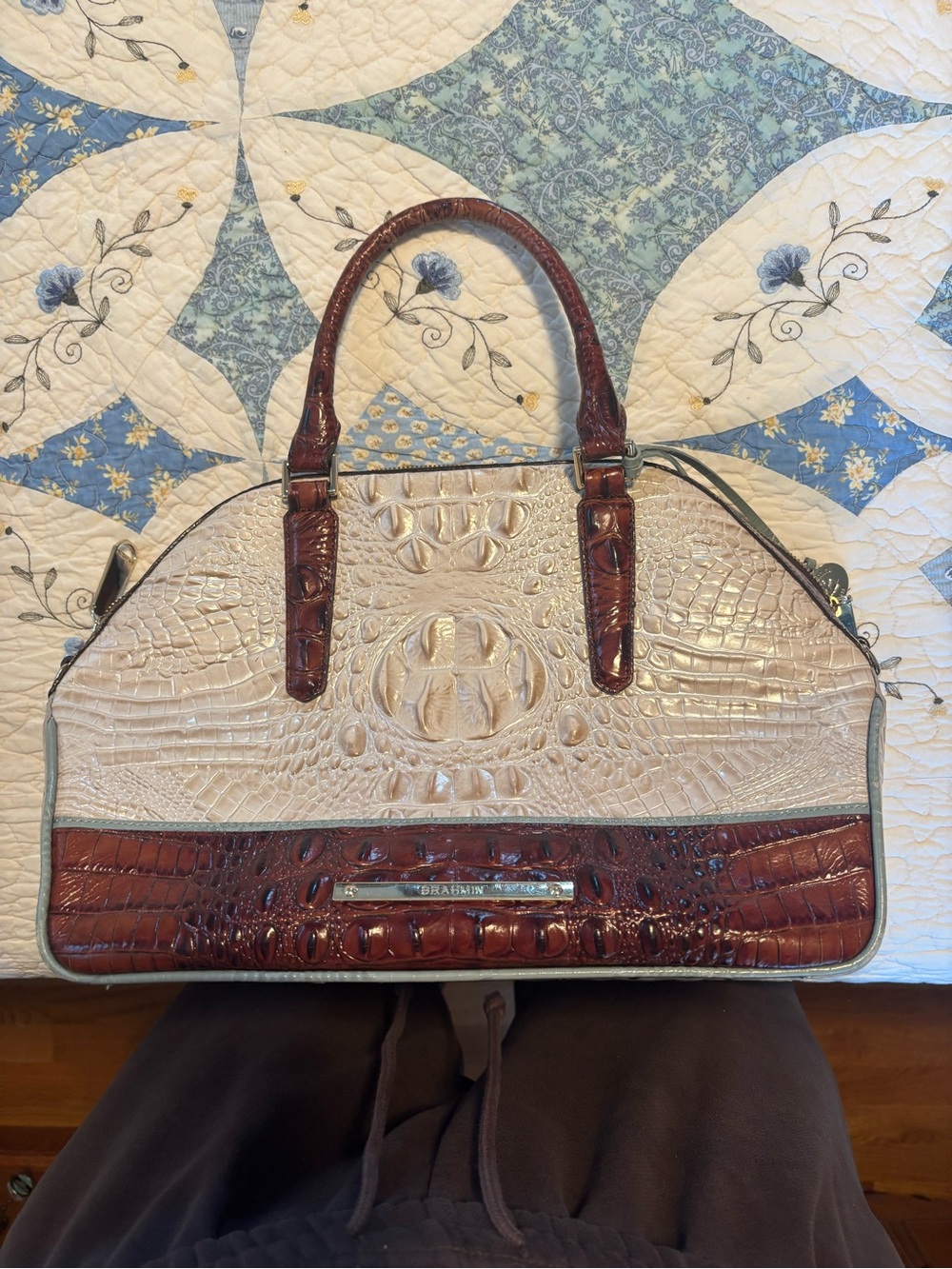 Brahmin Two-Tone Croc-Embossed Satchel in Cream and Brown Trim